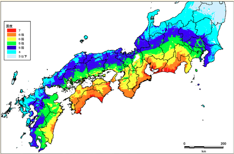 南海トラフ地震の震度分布図