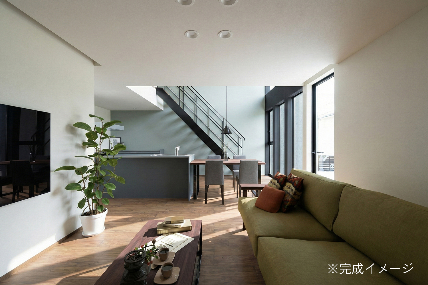 シックな上質インテリアと木製のスケルトン階段